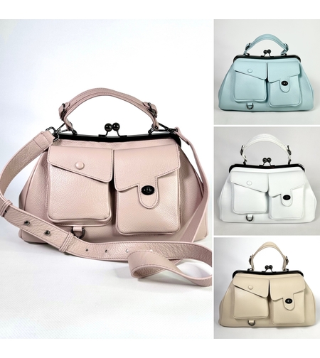 Женский кожаный саквояж с накладными карманами и застежкой поцелуй 82811 коллекция лето 2024