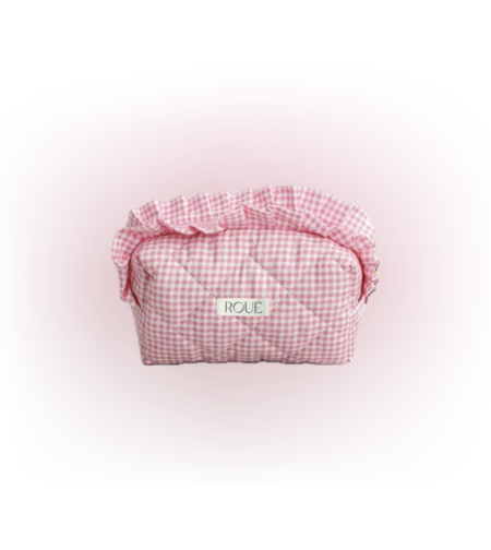 CUSTOM SMALL RUFFLES PETIT GINGHAM TOILETRY BAG IN FUSCIA