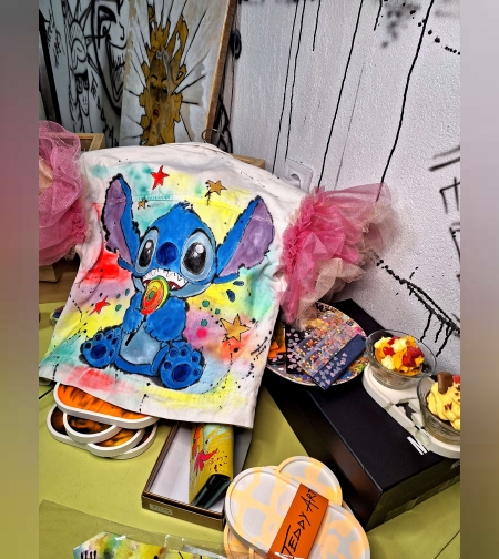 Детски  деним елек АРТ рисунка Стич 7-10год.