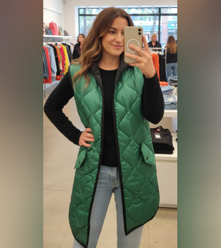 Дамски капитониран елек с качулка