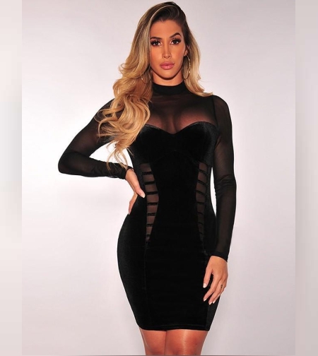 ЕЛЕГАНТНА РОКЛЯ ОТ ЧЕРНО КАДИФЕ С ТЮЛ