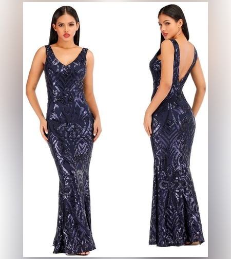 Вечерна рокля с V - образно деколте и пайети