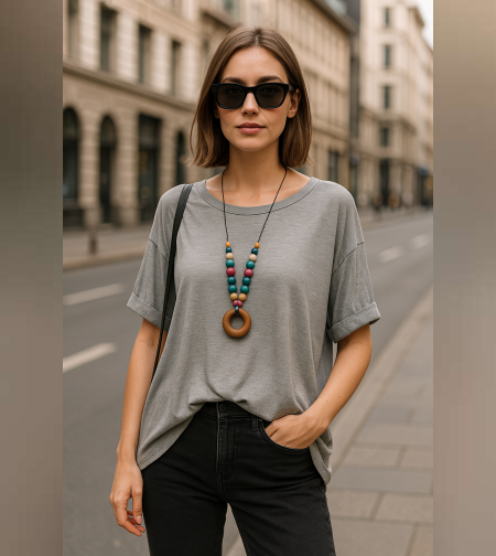 Дамска блуза с къс ръкав в сиво + аксесоар