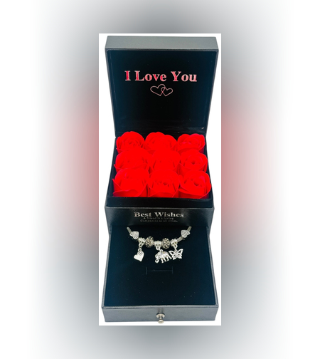 Луксозен комплект с гривна Pandora, 9 червени рози и подаръчна торбичка