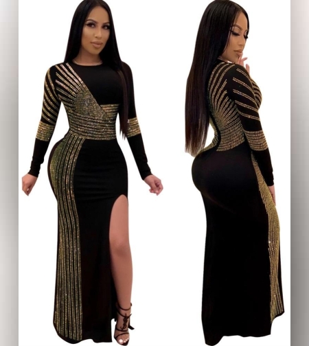 Вечерна дълга рокля с камъни в златно