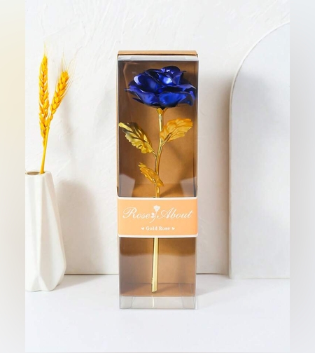 Златна холограмна роза в синьо елегантна опаковка 26х8х7см - Уникален подарък