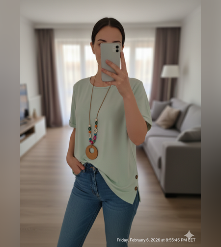 Дамска блуза с къс ръкав в зелено + аксесоар