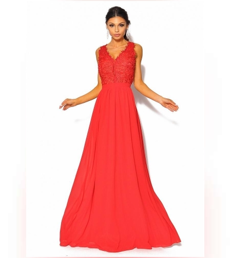 Официална дълга рокля с тюл и дантела в червено