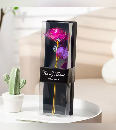 Златна холограмна роза в Неоново розово 26х8х7см - Уникален подарък