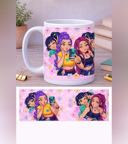 Чаша „Най-добри приятелки“ – K-pop стил анимационен дизайн