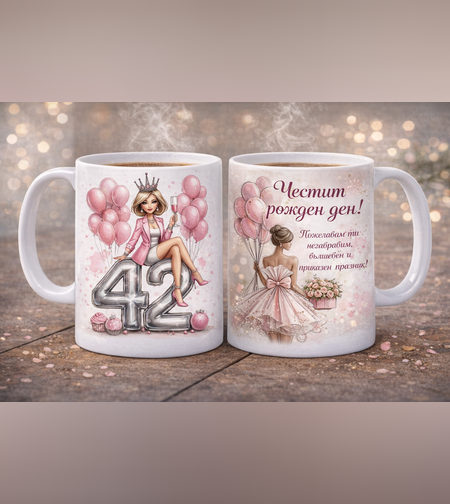 Подаръчна чаша „Честит рожден ден 42“ – оригинален подарък за жена