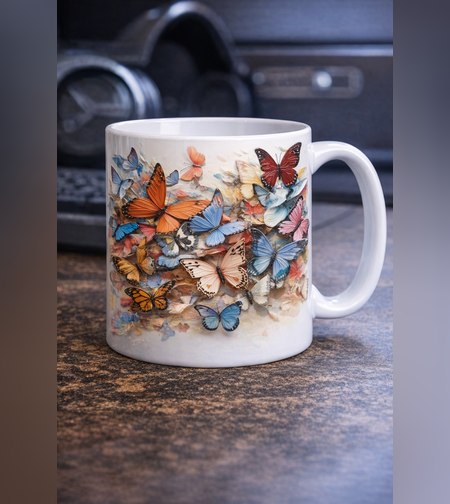 Керамична чаша с цветни пеперуди – стилен подарък за жена