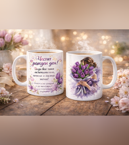 Подаръчна чаша „Честит рожден ден“ – чаша с цветя и пожелание