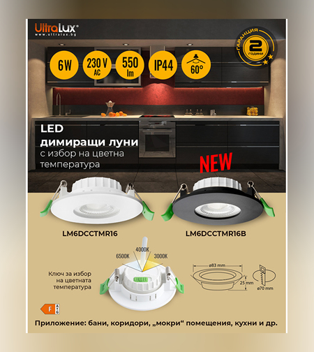 LED димираща луна за вграждане IP44  220V-240V AC  6W 3000K/4000K/6500K SMD 2835