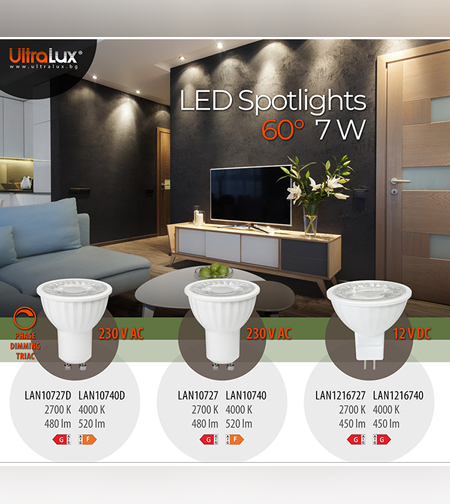 LED луничка димираща Gu10 220V-240V AC 60° 7W 2700K SMD 2835