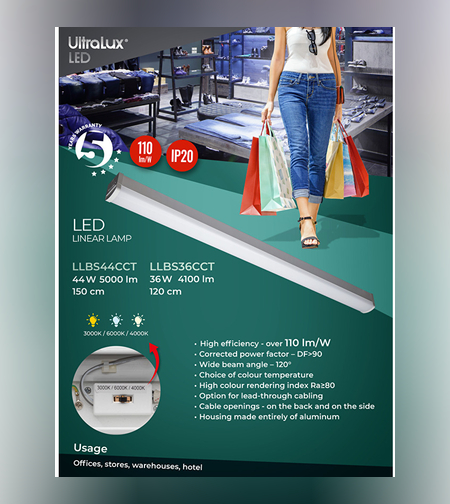 LED линейно осветително тяло CCT IP20  220V-240V AC 120° 44W 3000/4000/6000K SMD 2835