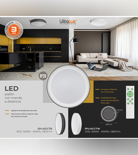 LED димираща плафониера с дистанционно 45W IP20 CCT 3000/4000/6000K   бяла
