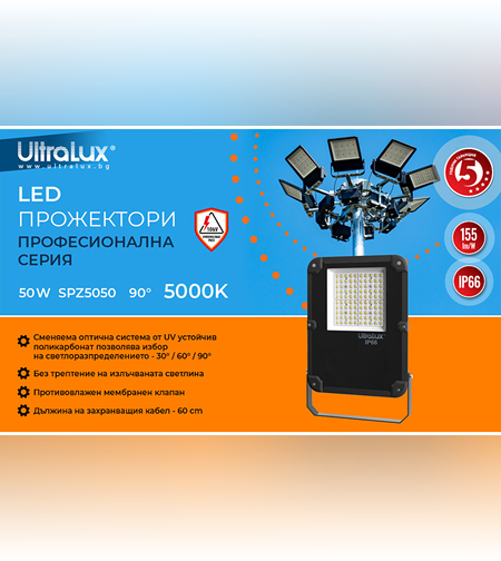 Професионален LED прожектор IK06 IP66  220V-240V AC 90° 50W 5000K SMD 2835