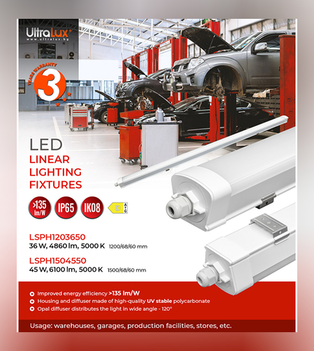 LED Slim линейно тяло 1.2м IK08 IP65  220V-240V AC 120° 36W 5000K SMD 2835