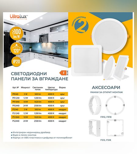 LED панел за вграждане кръг  220V-240V AC 120° 24W 4000K SMD 2835