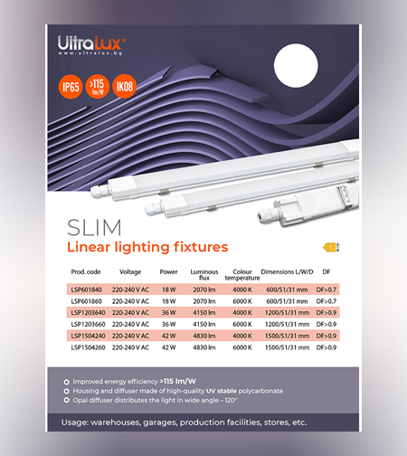 LED Slim линейно тяло 1.5м IK08 IP65  220V-240V AC 120° 42W 6000K SMD 2835