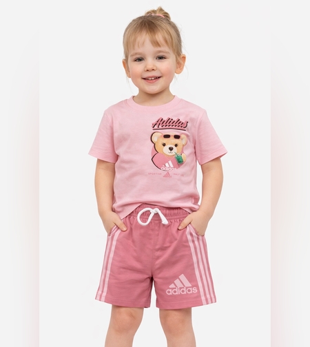 Розов летен комплект с мече за момиче – тениска и къси панталонки