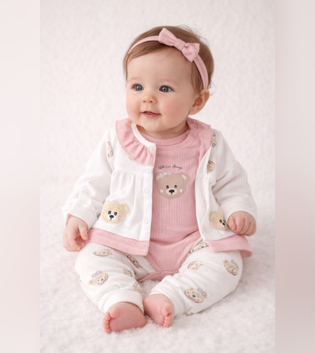 Бебешки комплект за момиче с мече – боди, панталон и жилетка