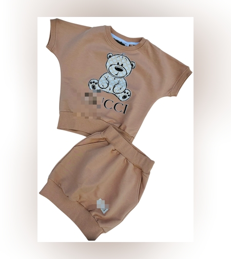 Бежов детски комплект с мече – тениска и пола
