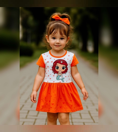 Оранжева детска рокля с русалка и сърчица