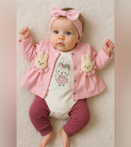 Бебешки комплект 3 части със зайчета – жилетка, боди и панталон 100% памук