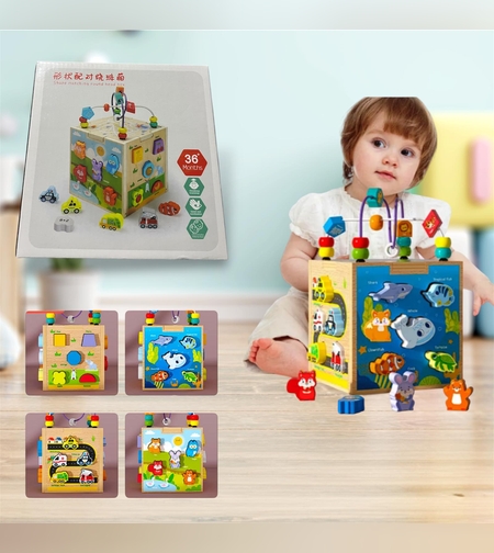 Дървено кубче с бебешки занимания