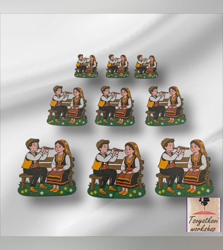 Дървена фигурка с фолклорен мотив – момче със свирка и момиче в народна носия-10бр.