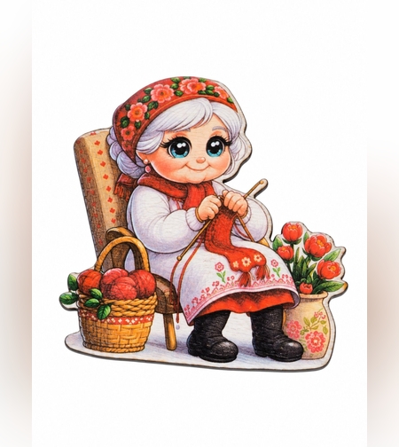 Цветна дървена фигурка Баба Марта плете-10бр
