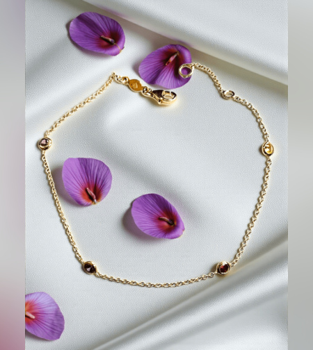 Златна гривна с Аметист, Цитрин, Гранат и Лавандулов кварц