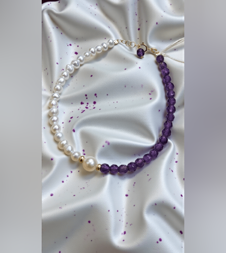 Дамска гривна Gumon с естествени аметисти, перли и 18К златни елементи
