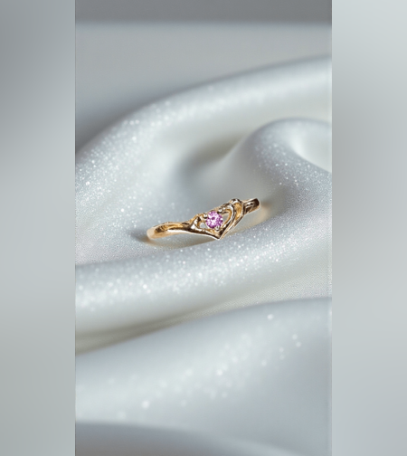 Златен пръстен с розов сaпфир в прегръдка от сърца