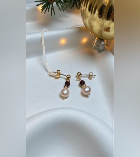 Златни обеци с естесвена перла и гранат Gumon