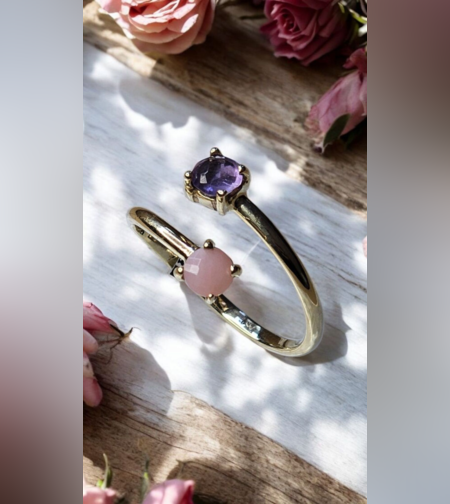 Златен пръстенс Аметист и Розов Кварц