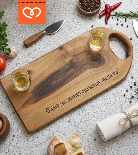 орехова дъска за майсторлъшки мезета с две чашки от масивен орех