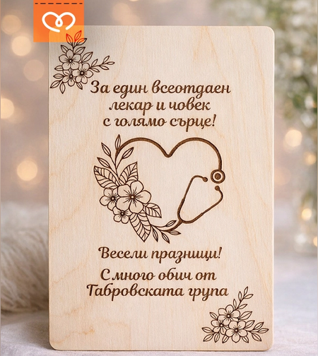 Подарък Картичка за лекар с гравирано благодарствено послание върху дърво – подарък за доктор