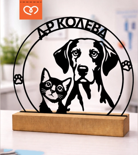 Подарък за ветеринарен лекар с име – персонализирана дървена статуетка куче и котка