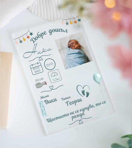 Бебе Визитка за момче | Добре дошъл табела | Плакет с име, рождената дата, час, тегло и ръст | Персонализиран подарък