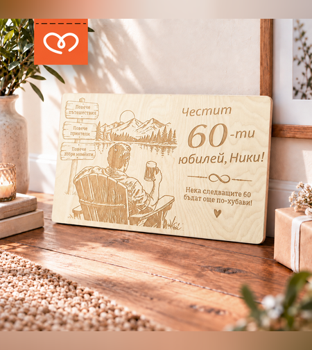 Подарък за юбилей на мъж 40, 50 или 60 години – персонализиран дървен плакет