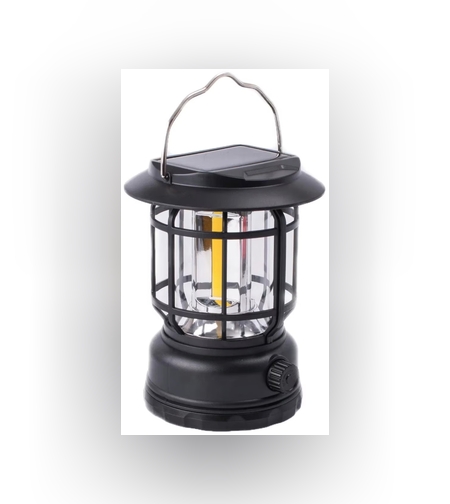 Lampa portabila camping, Felinar Vintage, ABS, Iluminare 30 COB LED, Intensitate reglabila, Acumulator inclus, Incarcare Solara si USB, 5W, Flippy, Negru