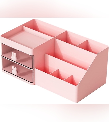Cutie de Depozitare pentru Birou, Flippy, Pentru Makeup, Papetarie, Organizator Cosmetice, 2 Sertare si Compartimente Multiple, Model Iepuras, Plastic, 27.5x15.5x12 cm, Roz