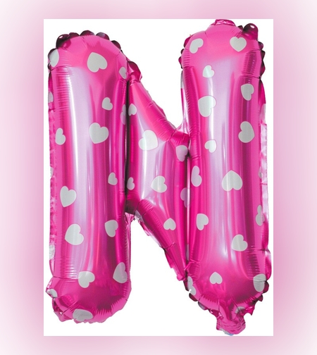 Balon Folie Metalizata Litera N, Flippy, 40 cm, Cu Imprimeu Inimioare, Umflati cu Heliu sau Aer, Ambalaj Individual, Pai inclus, Roz