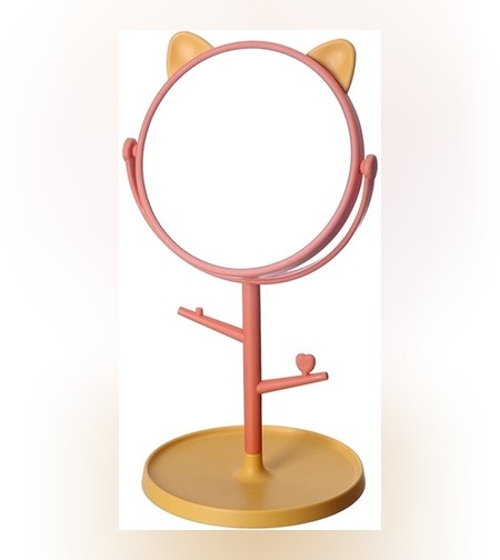 Oglina Cosmetica cu Picior, Flippy, HD, Rotire 360 Grade, 15 cm Diametru, Suport Bijuterii Baza Rotunda + 2 Brate, Model cu Urechi, 31 x 14.5 x 15 cm, din Plastic, Portocaliu/Galben