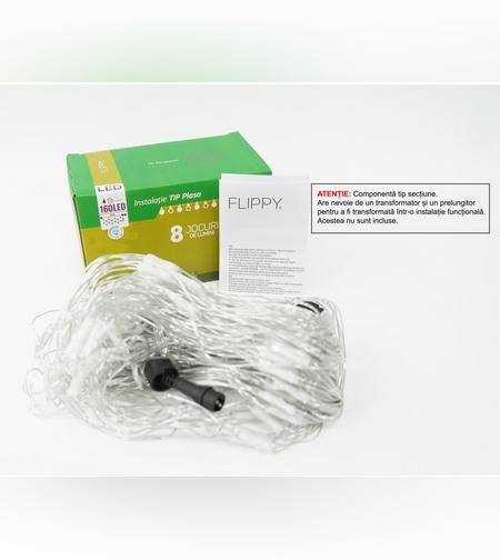 Sectiune Instalatie de Craciun Flippy, Tip Plasa, 160 LED-uri, 3 m x 1 m, 8 jocuri de lumini, Interconectabila, Fir transparent, Alb rece