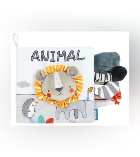 Carte Senzoriala, Flippy, pentru Bebelusi, 15x16x6 cm, cu Animalute, 3D, Cu Sunete si Fosnete, 0-3 Ani, Model Leu, Gri