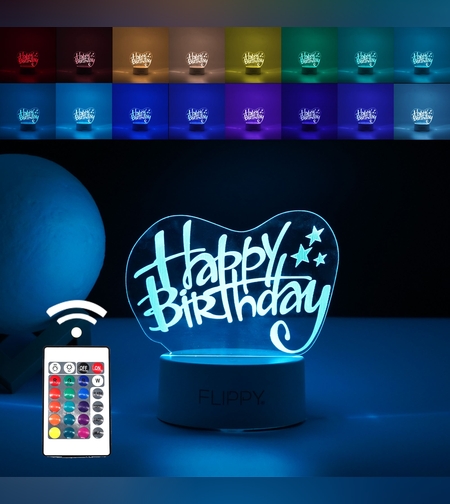 Lampa LED decorativa, Flippy, 3D, Happy Birthday, cu USB si baterii, 20 cm inaltime, din material acril, lumina multicolora si telecomanda inclusa, alb